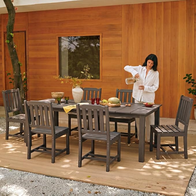 Perli™ 7-Piece Outdoor Dining Set, All-Weather HDPE Patio Table and 6 Chairs with Umbrella Hole, UV-Resistant Composite Wood Dining Furniture for Deck, Backyard, Poolside, Grey