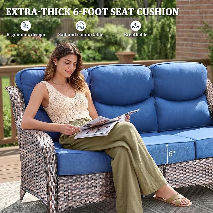 Luxury Swivel Rocker Chair Sofa Set with 6" Thick Cushions,6 Piece Wicker Swivel Rocker Patio Chair with footstools,Outdoor Comfortable High Back Chair Patio Furniture Set - Brown | Blue