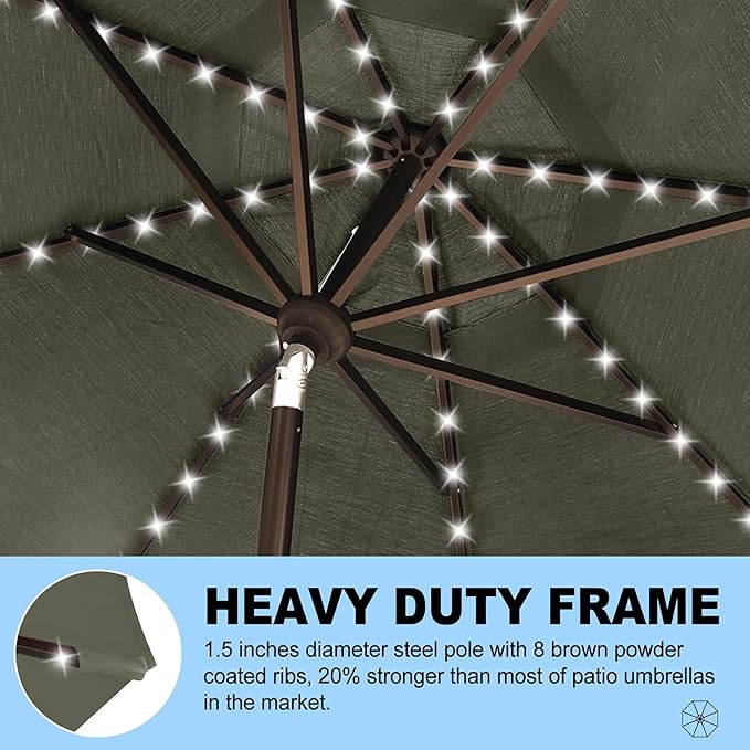 Eurmax USA 10-Year-Non-Fading 10FT Outdoor Patio Market Umbrella with LED Lights,UPF50+ UV Resistant,Heavy Duty Commercial Grade,Crank Lift&Tilt,Windproof Vented Top for Garden,Pool,Deck,Charcoal