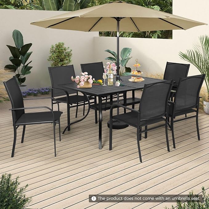 Incbruce 8 Pieces Patio Dining Set with Brown Umbrella, Outdoor Dining Set of 6 Textilene Chairs and Rectangle Table with Umbrella Hole for Backyard, Garden, and Poolside (Black)