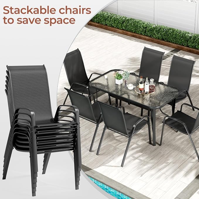 TLSUNNY 7 Pieces Patio Dining Set, Outdoor Table and Chairs W/1.69″ Umbrella Hole, 30"X 55" Table and Stackable Textilene Chair, All Weather Patio Furniture Set (Umbrella not Included) (Black)
