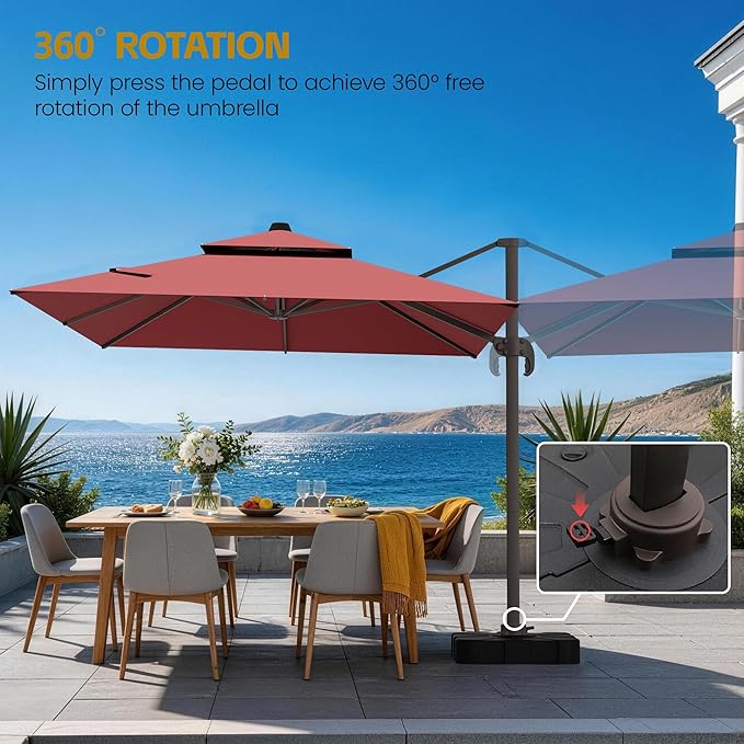 HASLE OUTFITTERS 9x12 FT Patio Cantilever Umbrella with Base, Outdoor Offset Large Rectangular Heavy Duty Double Top Umbrellas with 360° Rotation for Pool Garden Deck，Red
