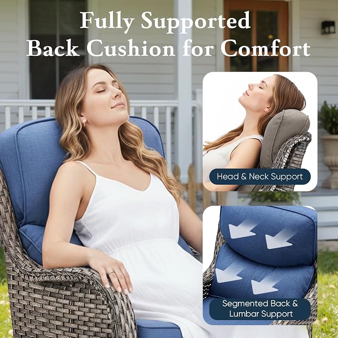 Belord Luxury 6" Thick Cushioned Outdoor Swivel Rocker Patio Chairs of 2, High Back Wicker Patio Furniture Set with Ergonomic Zone Back, Conversation Glider Set for Deck Porch - Grey+Blue