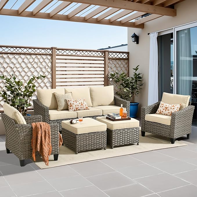 5 PCS Outdoor Patio Furniture Set, All-Weather Rattan Wicker Conversation Group with Deep Seating, High Back Comfort for Porch, Backyard, Beige