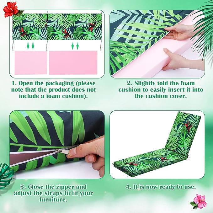 2 Pack Chaise Lounge Cushion Covers Outdoor (Not Includes Cushions) Waterproof Chair Cushion Replacement Covers 72 x 21 x 3 Inch for Patio Pool Lawn Slipcover with Ties(Tropical Rainforest)