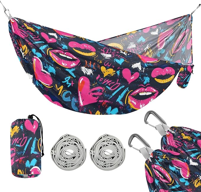 Camping Hammock Outdoor Hammocks for Outside Mouth Heart Graffiti Grunge Beach Trees Portable Lightweight with Pockets Tree Straps Indoor