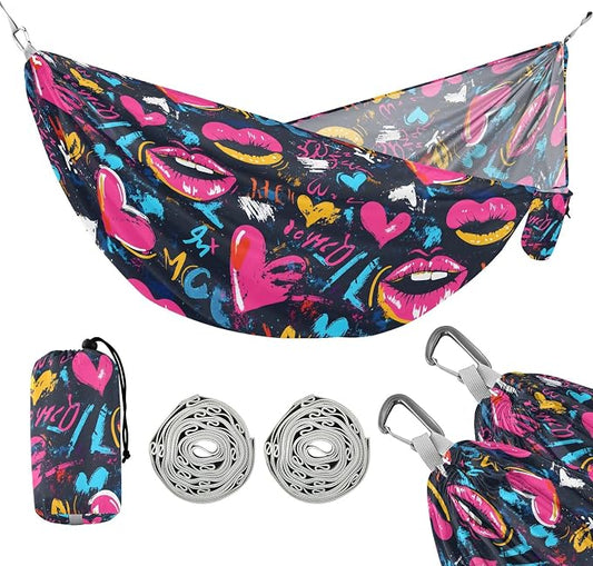 Camping Hammock Outdoor Hammocks for Outside Mouth Heart Graffiti Grunge Beach Trees Portable Lightweight with Pockets Tree Straps Indoor
