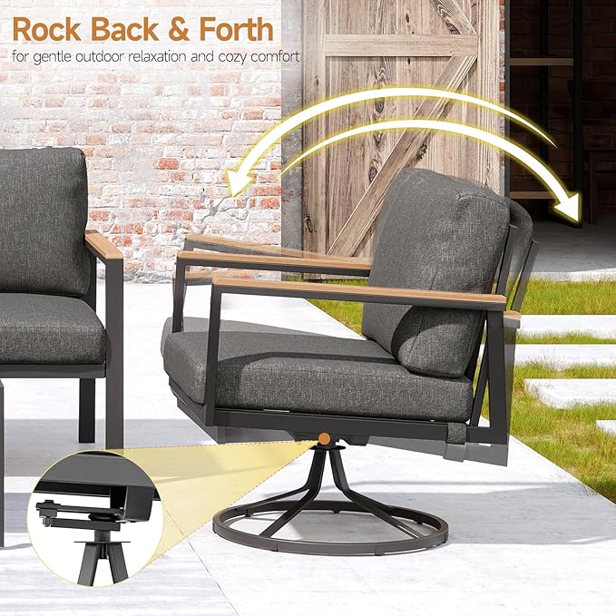 Patio Conversation Set, 5 Pcs Outdoor Furniture with 3-Seater Sofa, 2 Single Rotate 360° Chairs, Coffee Table and End Table, 5 Seats Couch with Washable Thick Cushions for Backyard Porch Balcony