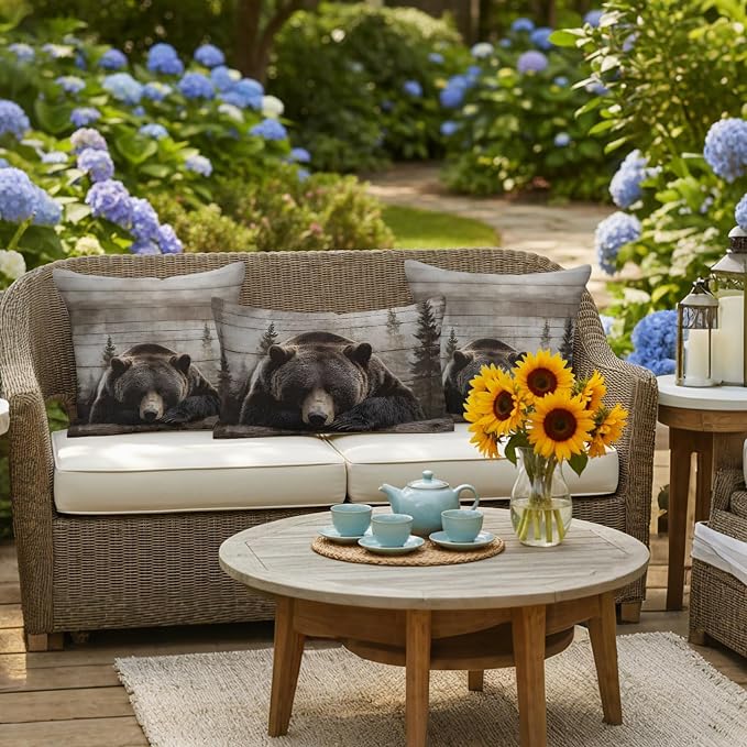Sleeping Bear Outdoor Pillow Covers 20"x20" Set of 2, Animal Forest Rustic Planks Waterproof Throw Pillow Covers for Patio Furniture, Decorative Cushion Covers for Porch