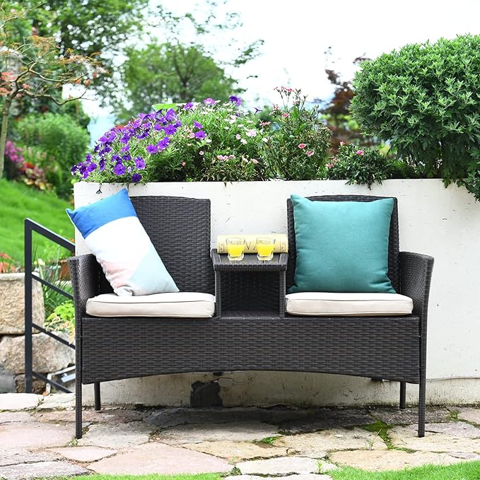 Tangkula Outdoor Rattan Loveseat with Built-in Coffee Table, 2-Person Patio Conversation Set with Cushions & Table, Modern Patented Wicker Sofa Set, Wicker Sofa for Garden Lawn Backyard, Beige