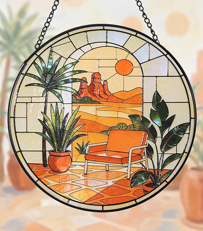 Stained Glass Window Hanging,20cm/7.87inch Desert Sunset Suncatcher with Chain Garden Diamond Glass Panel Hangings Decoration for Windows Home Decor Gifts for Family Friends Colleagues