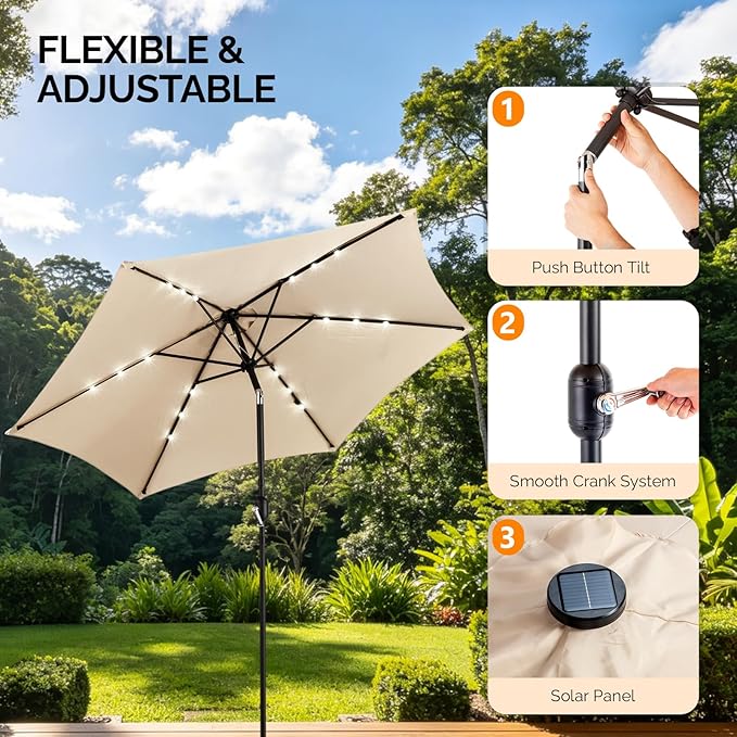 VINGLI 9FT Patio Umbrella with Solar Lights, Outdoor Umbrella with Push Button Tilt and Crank, Umbrella Outdoor Patio for Patio, Deck, Backyard, Pool