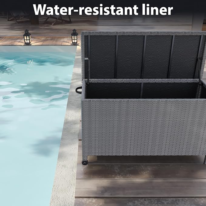 120 Gallon Waterproof Outdoor Wicker Deck Box, Large PE Rattan Storage Chest with Lockable Lid & Gas Strut, All-Weather Patio Storage Bench for Cushions Garden Tools, Grey