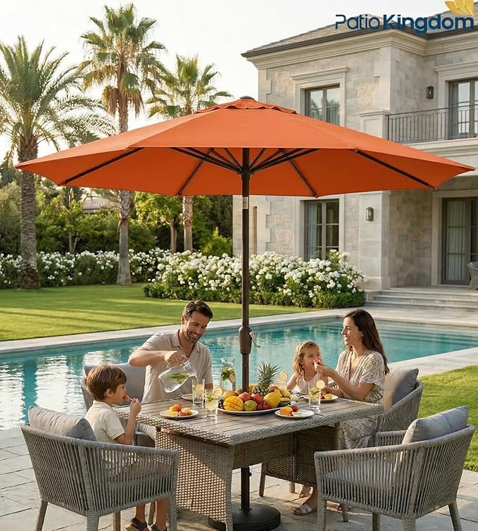 PatioKingdom 9FT Patio Outdoor Umbrella-UPF 50+ Sun Shade with Wind Vent, Push-Button Tilt & Smooth Crank Lift, Rust-Resistant Fiberglass Frame for Garden, Backyard,Yard (Orange)