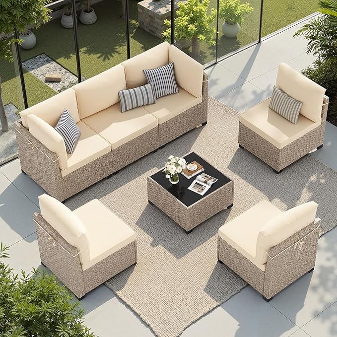 Soohow 7-Piece Patio Furniture Set, Outdoor Sectional All-Weather Wicker Patio Conversation Set for Garden, Porch, Backyard - Beige Cushions