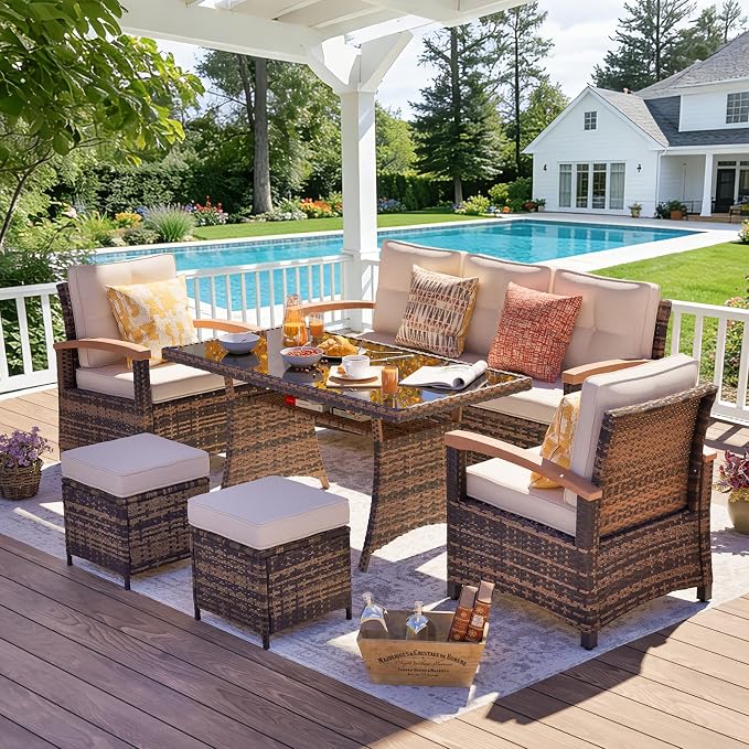 MEISSALIVVE 6 Pieces Patio Furniture Sets, PE Wicker Outdoor Conversation Sets with 2 Wood Armrests Single Chairs, 2 Ottomans and Dining Table (Beige)