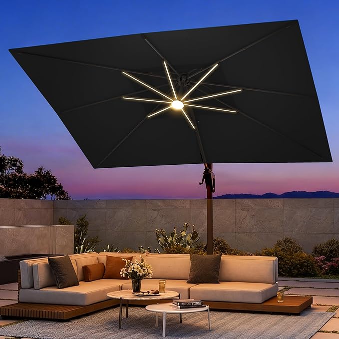 9 X 12 FT Cantilever Outdoor Patio Umbrella with Led Lights Heavy Duty Windproof Double Top Large Rectangle Offset Umbrellas with 360-degree Rotation for Garden Pool Deck Backyard, Black