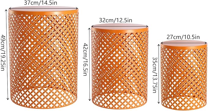 Set of 3 Outdoor Side Table, Garden Stool for Patio, Metal Accent Table Modern End Table, Patio Side Table for Garden, Balcony, Bedroom Indoor Outdoor Decorative (Orange)