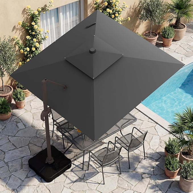 HASLE OUTFITTERS 10x10 FT Patio Cantilever Umbrella with Base, Outdoor Offset Large Rectangular Heavy Duty Double Top Umbrellas with 360° Rotation for Pool Garden Deck，Grey
