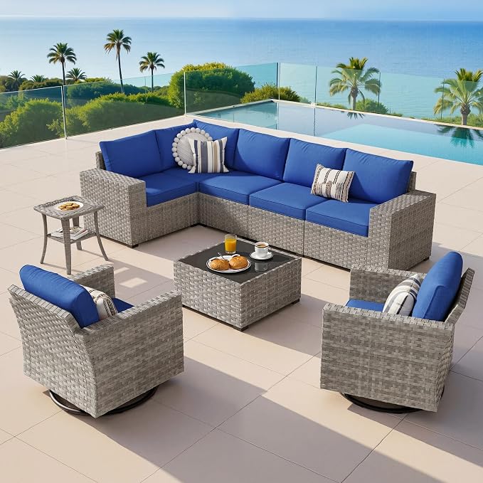 9-Piece Patio Furniture Set, Outdoor Wicker Furniture Sectional Set with Coffee Table, High Back Swivel Rocker Patio Chairs, Modern Rattan Outdoor Conversation Set for Porch, Balcony, Navy Blue