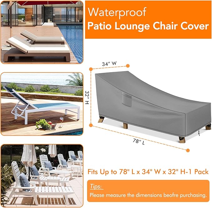 WLEAFJ Patio Chaise Lounge Cover Waterproof, Heavy Duty Outdoor Lounge Chair Covers, Durable Patio Furniture Covers, 78L x 34W x 32H inch，Grey