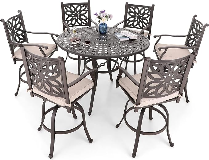 MFSTUDIO Cast Aluminium Bar Height Outdoor Table, Round | 54.35”Dia x 39.4”H, 2.17" Umbrella Hole, Retro Hollow Pattern, Adjustable Non-Scratch Feet, for 6 Person, for Patio Backyard