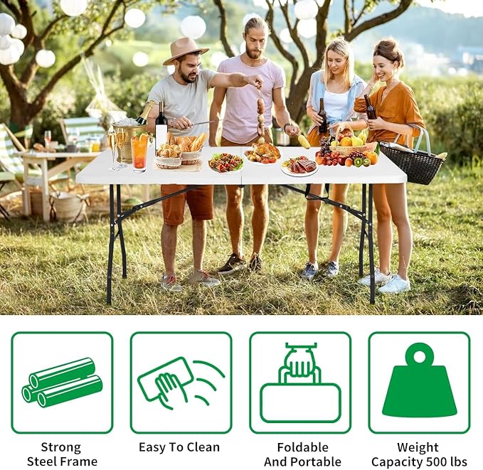 6FT White Folding Table, Portable Collapsible Dinner Table – Indoor/Outdoor Use for Camping, Patio, Yard, Wedding, Party & Cocktail Display, 500LBS (White(6FT))