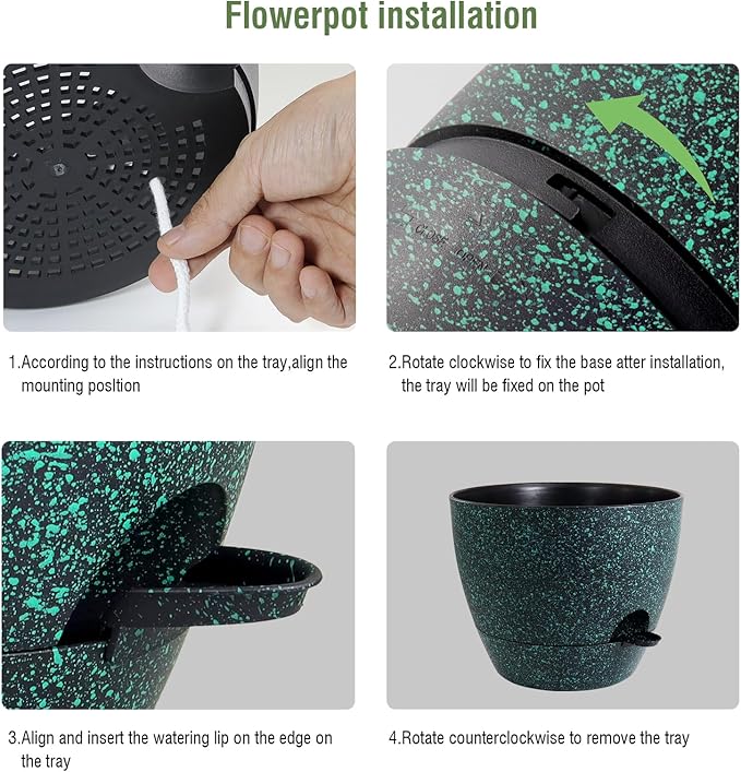 WSMKSZ 12/10/9 inch Large Self Watering Pots, Planter, Plant Pots with Mesh Drainage Holes for Indoor Outdoor Garden Plants, Plastic Flower Pots with Deep Reservoir, Black with Green Speckles