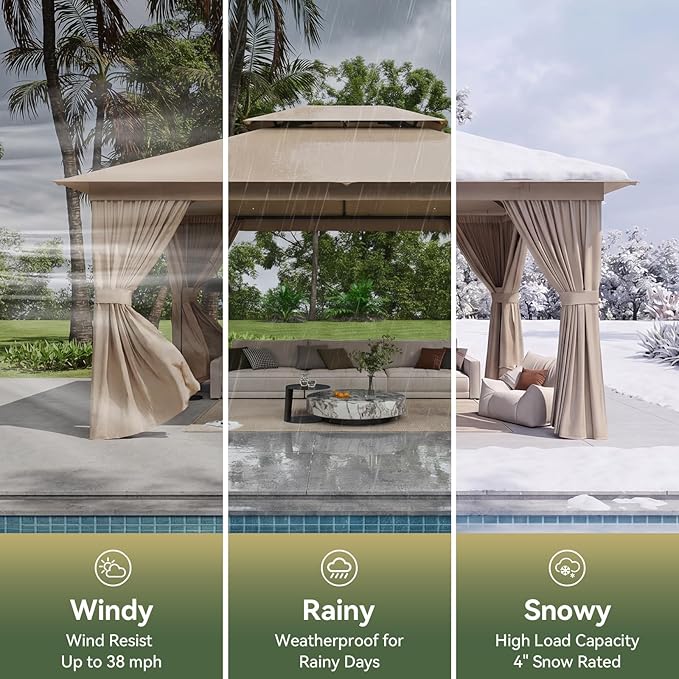 12'x10' Gazebo, Outdoor Gazebo Metal Frame Canopy with Double Roofs, Heavy Duty Patio Tent Shelter with Mosquito Netting and Privacy Screen for Backyard, Beige