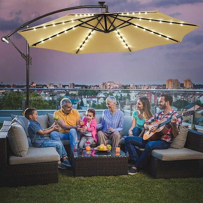 Tangkula 10 Ft Patio Offset Umbrella, 40 LED Lighted Market Umbrella W/8 Sturdy Ribs, Easy Tilt Adjustment & Crank, Polyester Shade, Ideal for Backyard, Garden, Seaside, Store, Pool (Beige)