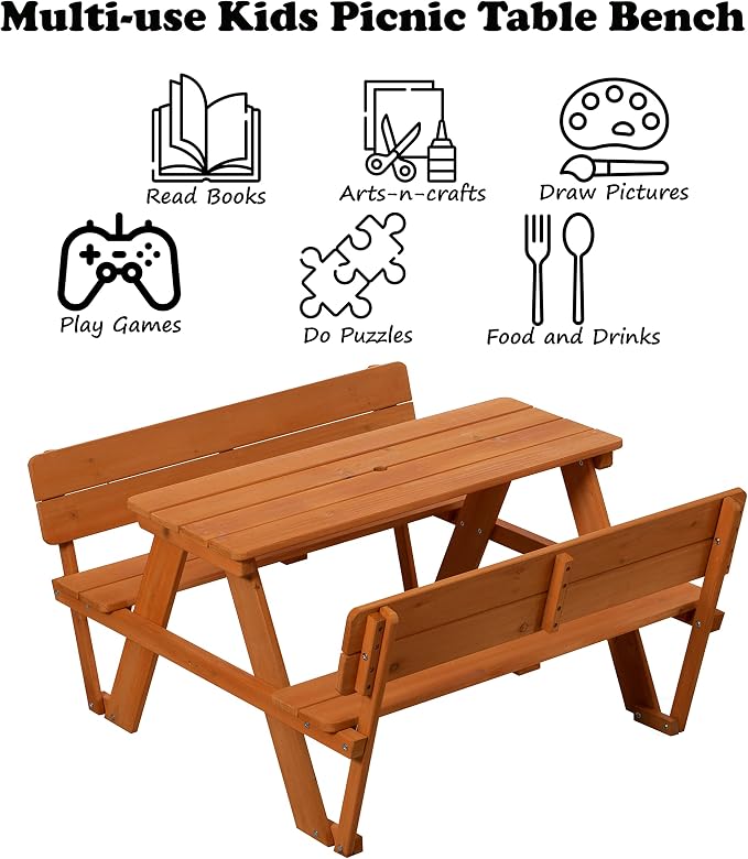 Gardenised Wooden Kids Picnic Bench with Backrest, Outdoor Children's Backyard, Crafting, Dining, and Playtime Patio Table, Stained