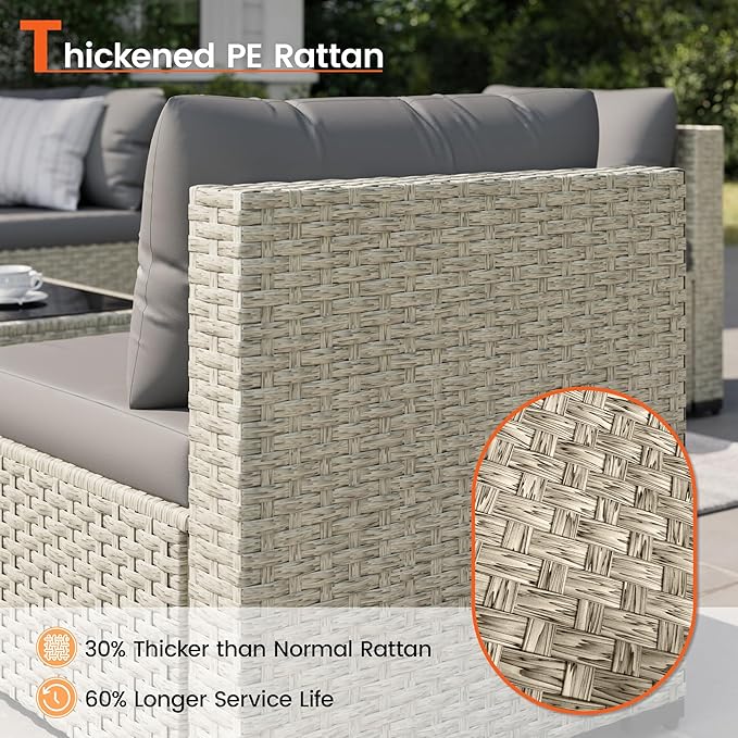 8 Piece Patio Furniture Set with 44" Fire Pit Table, Outdoor Sectional Wicker Rattan Sofa Set with Coffee Table (Grey/Grey)