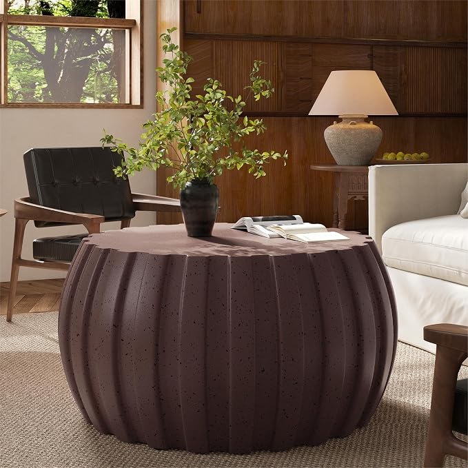 35.43" Round Outdoor Coffee Table - Waterproof MgO Cement Design, Durable Indoor & Outdoor Round Coffee Table for Patio, Garden, Living Room