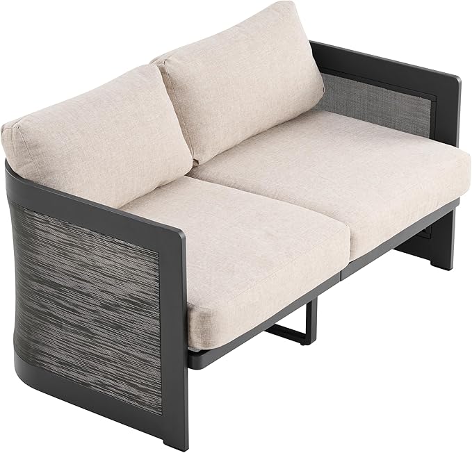 Christopher Knight Home Norhill Patio Sofa Set, 3 Pieces Outdoor Seating Set, Aluminum Patio Furniture Set with Two Club Chairs and Loveseat, Conversation Set for Patio Garden Poolside, Beige + Black
