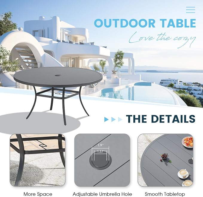 7 Pieces Outdoor Patio Dining Table Set, 53" All Weather Round Metal Table with Umbrella Hole and 6 High Back Textilene Swivel Chairs for Garden, Lawn, Poolside, Grey