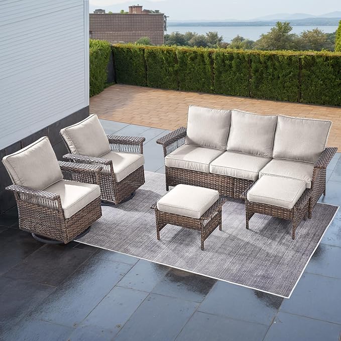 Outdoor Wicker Patio Furniture Set - 5 Piece Rattan Patio Conversation Sets with 2 Rocking Swivel Chairs,2 Ottomans and 1 Sofa for Porch Deck Garden(Brown/Beige)