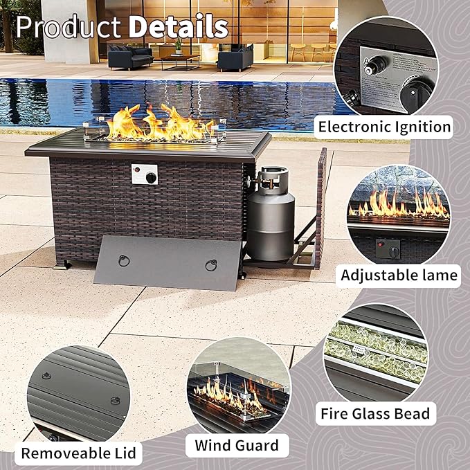 Gotland 15 Pieces Patio Furniture Set with Fire Pit Table, All Weather Rattan Outdoor Furniture with 29.5'' High Backrest 4’’ Thick Cushions Coffee Table, Patio Set for Porch, Deck, Backyard, Blue