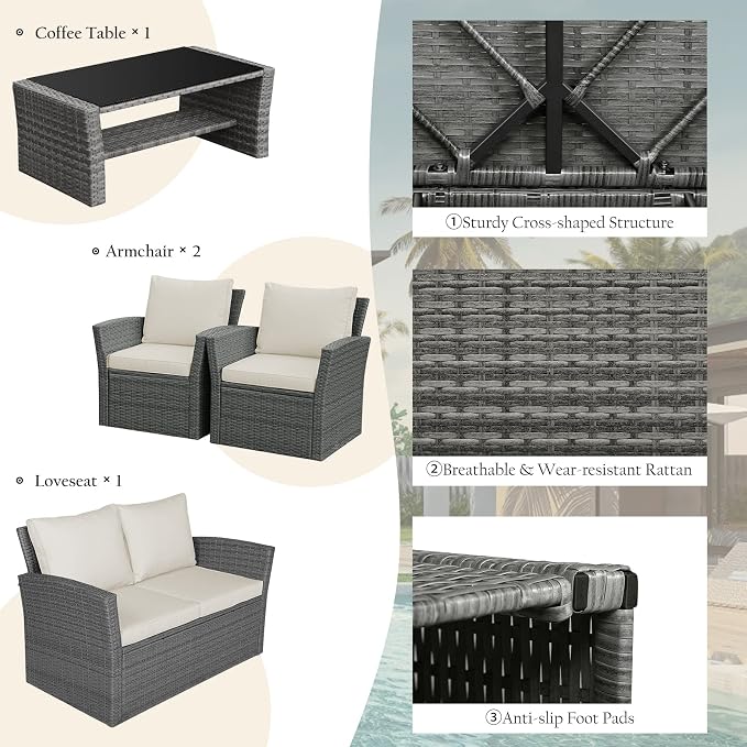 RELAX4LIFE 4 PCS Wicker Patio Furniture Set with Soft Cushions & Tempered Glass Table Outdoor Rattan Sofa Set for Backyard Garden Balcony Poolside Sectional Conversation Couch Set (Beige)