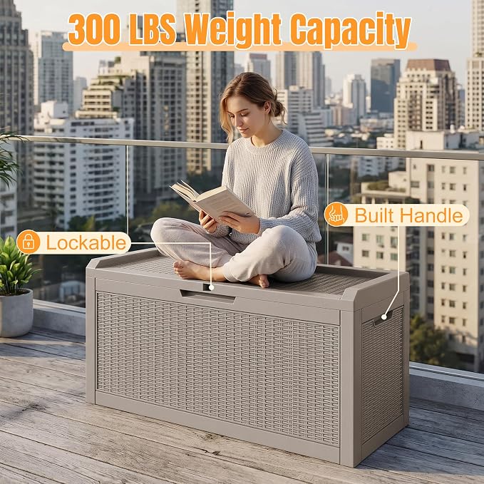 Outdoor Storage Box,95 Gallon Resin Deck Box,Waterproof & UV Resistant Lockable Package Delivery Bin,Toy Cabinet for Indoor & Outdoor