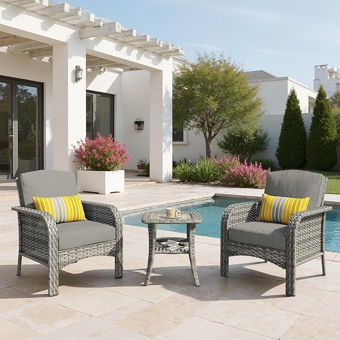 3 PCS Outdoor Patio Furniture Set with Side Table, All-Weather Rattan Wicker Outdoor Conversation Set with Thickened Cushions for Balcony Backyard Garden Lawn,Dark Grey