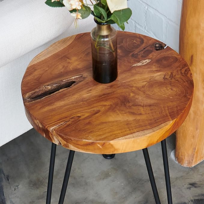 Round Teak Wood Side Table 15" x 15" x 20.4" H Vintage Wooden Slab Coffee Live Edge Tables Solid Wood Rustic Plant Stand Accent End Tables Living Room Patio Bedroom Nightstand