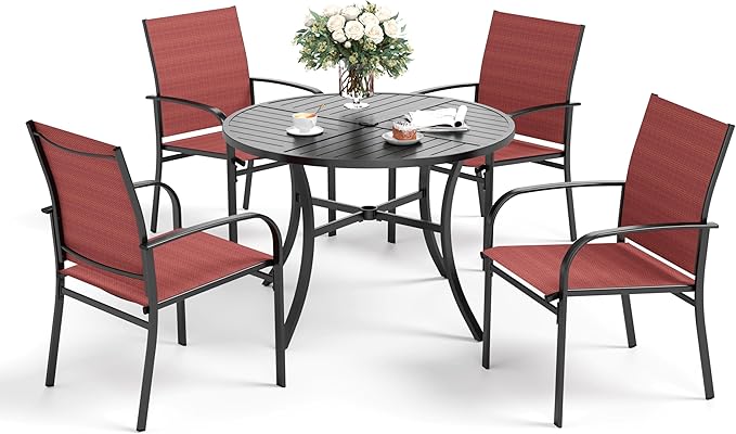 SUNSHINE VALLEY 5 Piece Patio Dining Set for 4, 42" x 42" Round Metal Table with Umbrella Hole and 4 Red Chairs, Outdoor Table and Chairs Set for Lawn Backyard and Deck