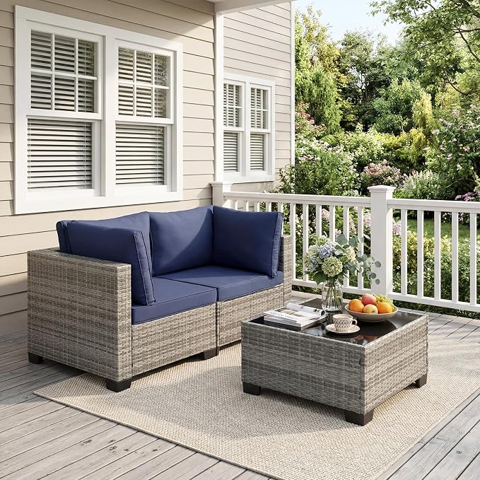 ANJ 3 Piece Outdoor Wicker Patio Furniture Set, Modular Loveseat Sofa with with Glass Top Coffee Table, All-Weather Rattan Conversation Couch Set for Balcony, Backyard, Light Grey Wicker-Blue