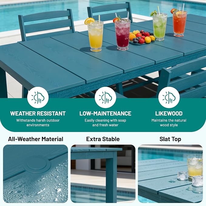 PLUUV 7-Piece Outdoor Patio Dining Set, All-Weather HDPE Dining Furniture Set with Umbrella Hole Cut-Out Table, Aluminum Table Legs, 6 Chairs, Waterproof & Easy Clean for Backyard, Garden, Navy Blue