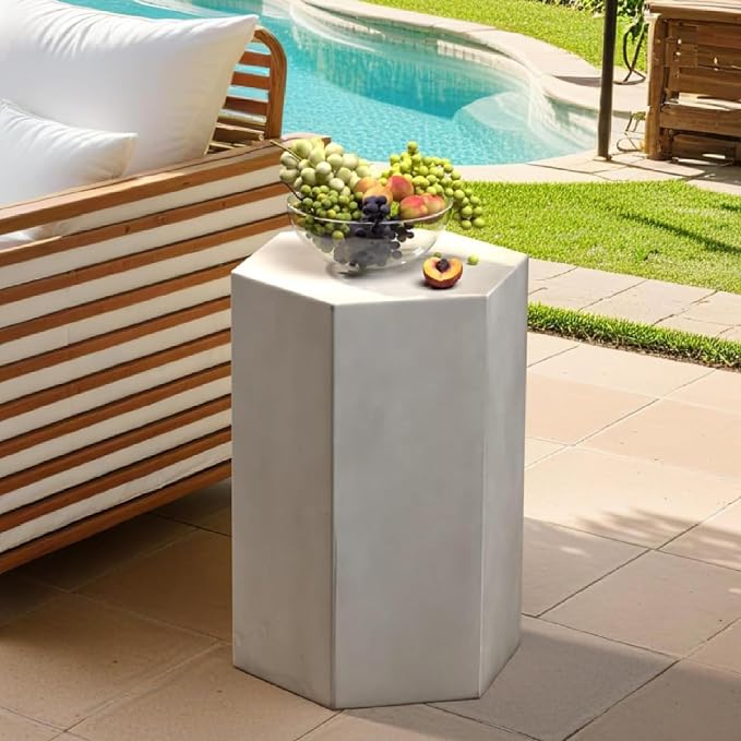 SUNBURY Outdoor Concrete Side Table, 20" H Hexagon Accent Table Outdoor End Tables for Patio, Morden Decor Side Table for Outside, Living Room, Bedroom, Light Grey