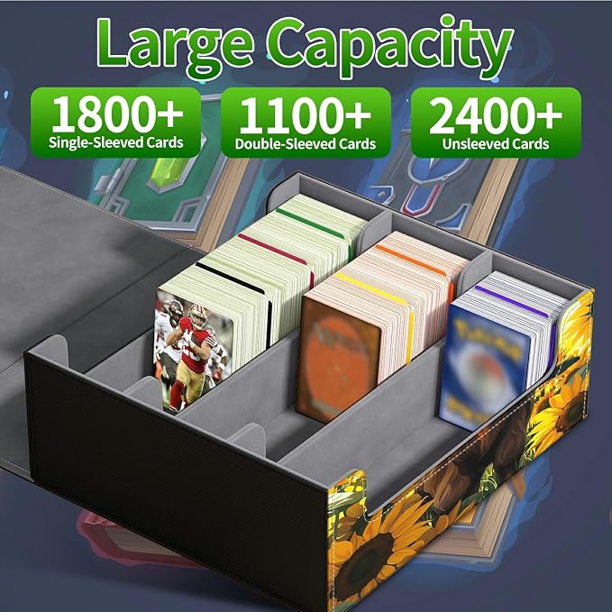 Large Card Deck Box for MTG, Fits 1200+ Sleeved Cards, PU Leather Storage Case with Strong Magnetic Closure, Multiple Colors for TCG CCG Baseball Card Collections, Sunflower Baby Cow