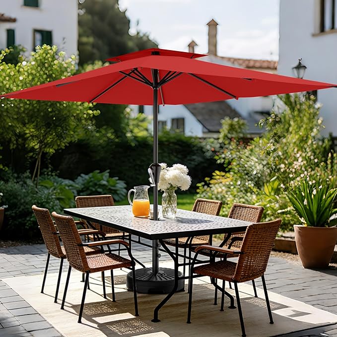 AreShark 8'x10' 2 Tiers Rectangular Patio Umbrella - Outdoor Umbrella Waterproof UV Protection, Market Table Umbrella w/Crank for Pool, Backyard, Deck(Red)