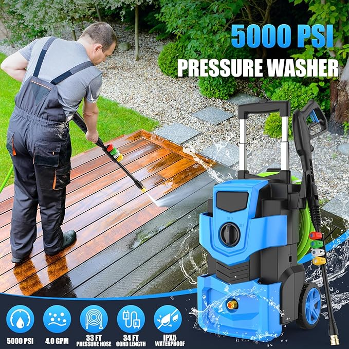 Pressure Washer 5000 PSI Adjustable Pressure, Power Washer Powered with 33ft Pressure Hose, 4 Nozzles and 500ml Foam Cannon, Powerwashers for Home, Light Blue