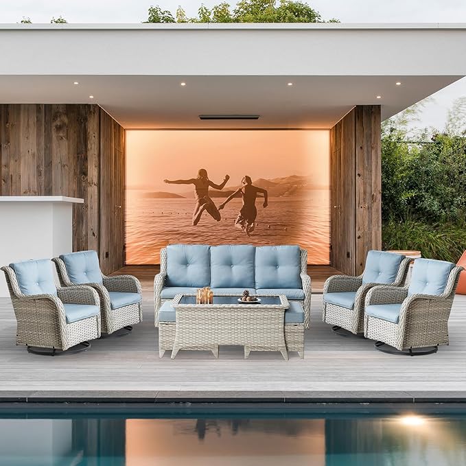 Belord Wicker Patio Furniture Sets - 8 Piece Outdoor Rattan Furniture Conversation Sets with 4 Swivel Rocker Chairs, Outdoor Sofa, Wicker Ottomans and Coffee Table, Light Grey/Baby Blue