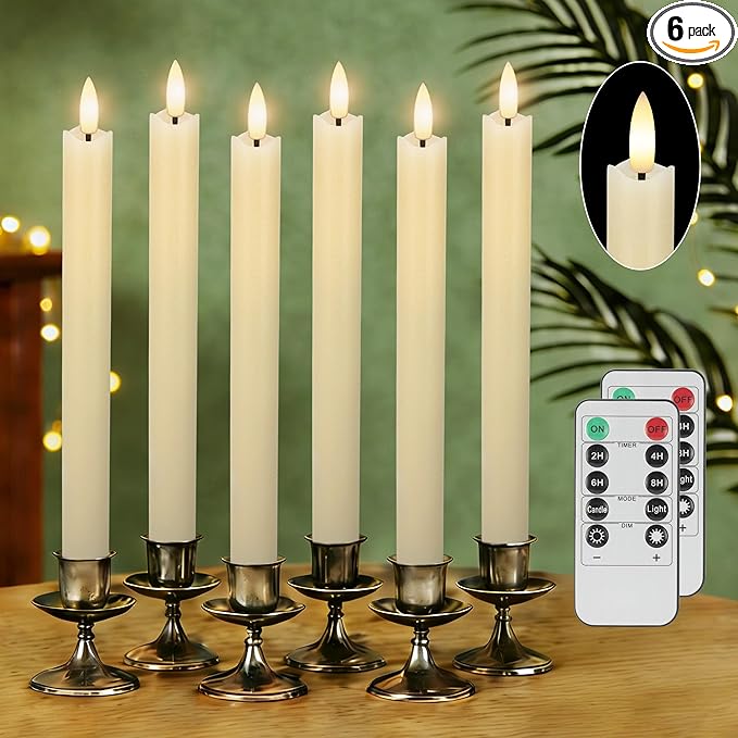 JOIONE Flameless Taper Candles with Remote, 6Pack Real Wax Battery Operated Taper Candles Flickering Flame, Warm Light Electric Fake LED Candles for Wedding & Mother's Day-Ivory